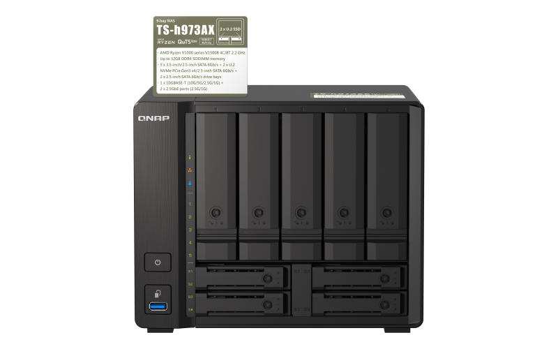 QNAP TS-h973AX-32G | 10GbE, 9-Bay, ZFS, AMD Ryzen CPU, 32GB RAM, SMB NAS